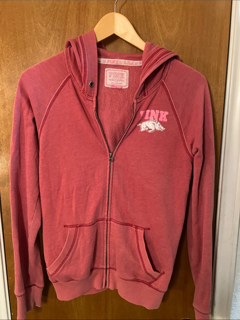 Vintage PINK Victoria's Secret Zip-Up Hoodie with Graphic Logo. M. Great shape!